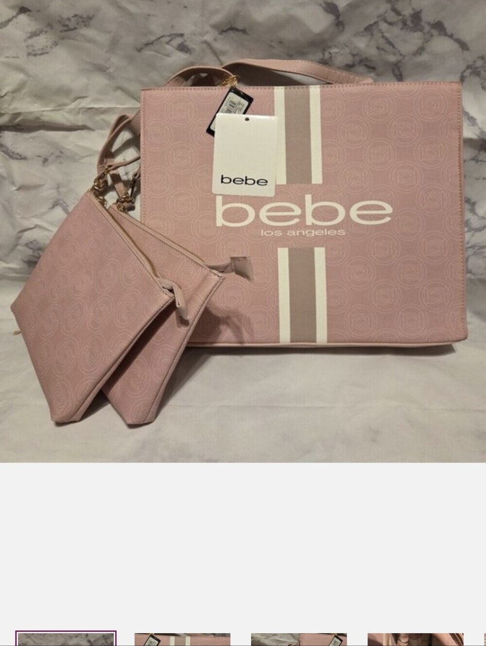 Bebe Pink Logo Tote with Dual Stripe Accent with Wristlet Pouch.